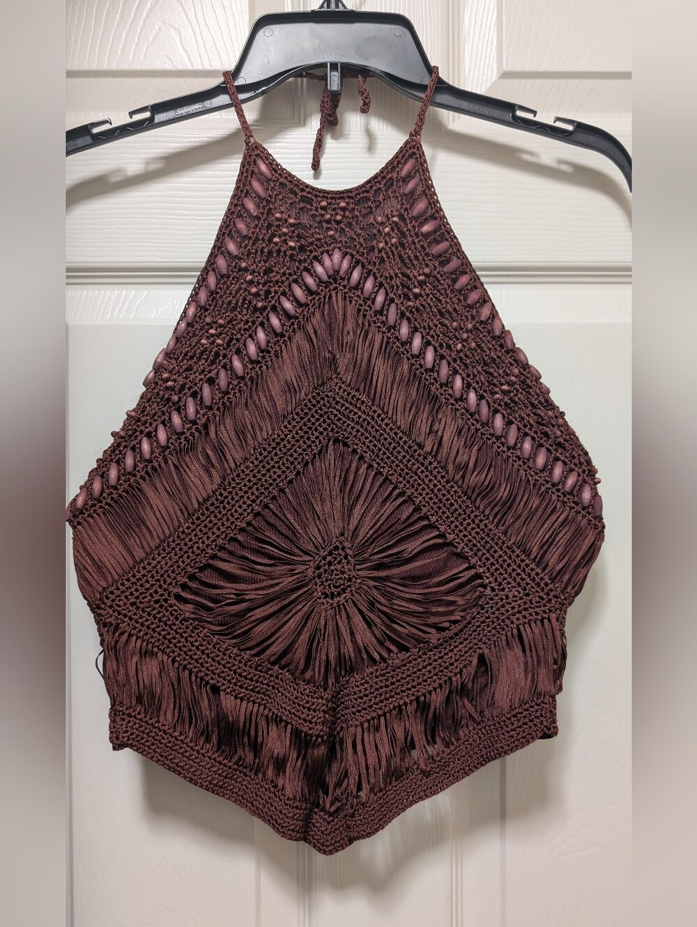 Karen Millen Crochet Wooden Beaded Halter Brown Crop Top Size 2